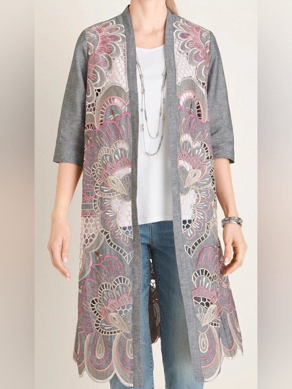 CHICO'S Embroidered Sheer Gray Kimono with Pink & Cream Accents